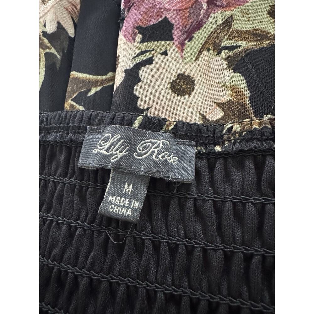 Black Floral Lily Rose Mini Dress Size M Lined Smocked Waist Puff Sleeve EUC - Picture 5 of 7